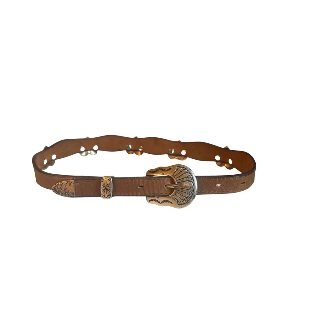 Vintage Western Tan Leather Scalloped Heart Concho Belt Silver Buckle Tip 26